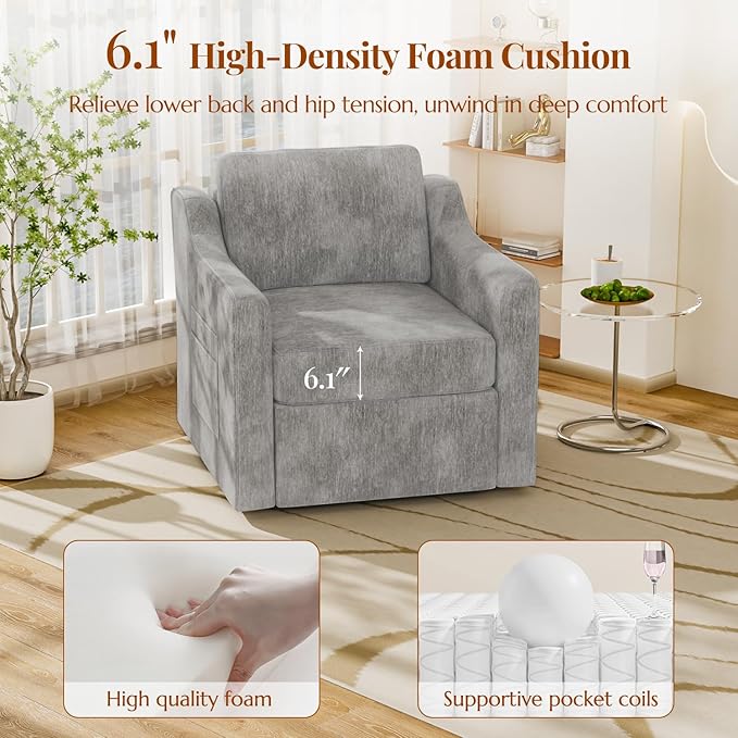 360° Swivel Accent Chair Large Comfy Reading Chairs Accent Square Single-seat Armchair Upholstered Sofa for Reading Nursery Living Room Bedroom Hotel Lounge Grey