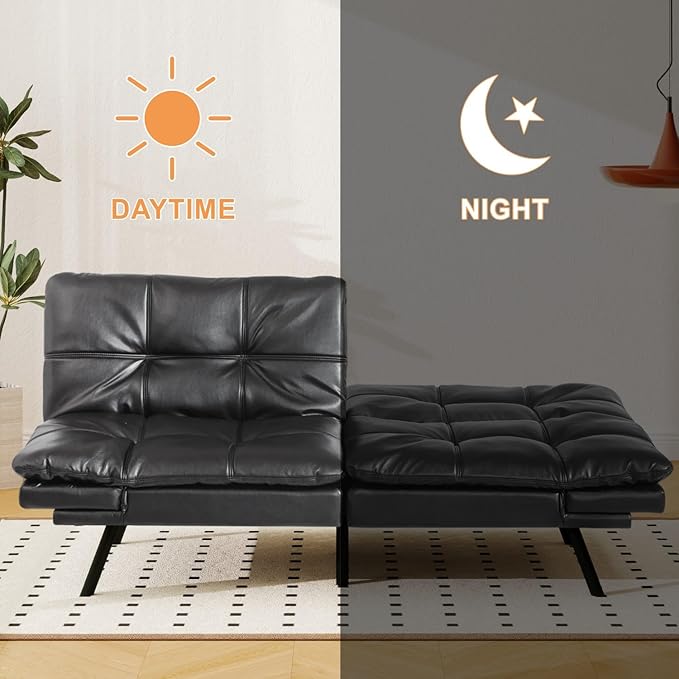 MUUEGM 71 Convertible Futon Sofa Bed Adjustable Backrest &amp Armrest Couch Comfortable Sleeper Loveseat with Faux Leather Ideal for Small Space Living Room Apartment Office Black