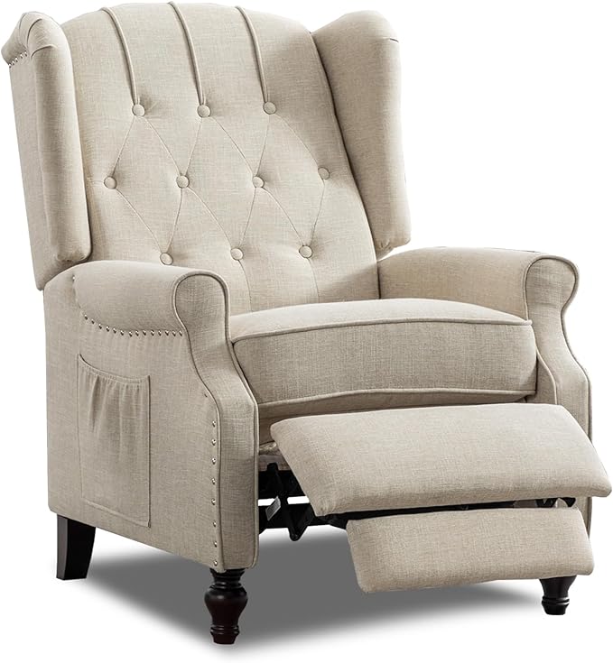 MANBUR Wingback Pushback Recliner Chair Upholstered Tufted Recliner with Massage and Heat Tufted Armchair Single Sofa Reclining Sofa for Living Room Bedroom or Club (Beige)