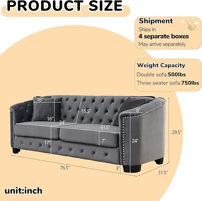 2 Piece Modern Chesterfield Velvet 77 3-Seater Sofa Set Upholstered Tufted Backrests with 8 Nailhead Arms and 4 Cushions for Living Room (Grey 2 Piece 77 3-Seater Sofa Sets)