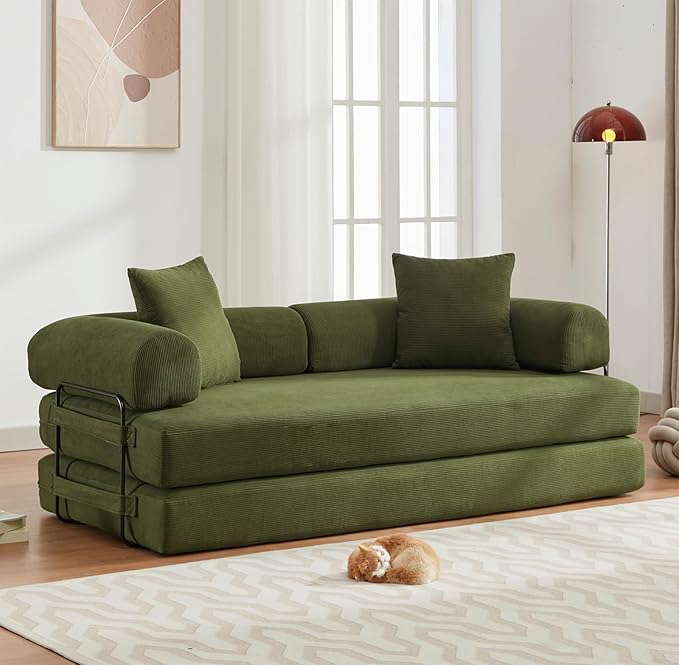 Convertible Folding Sofa Bed Modular Floor Sofa with Removable Backrest 3-Seater Fold Out Couch Bed with Pillows King Size Futon Lazy Couch Corduroy Sleeper for Living Room Dorm Green