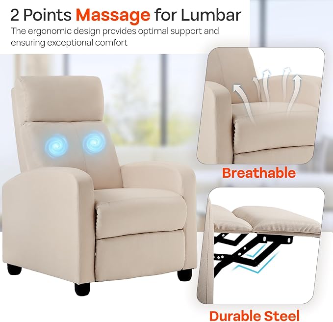 FDW Recliner Chair Massage Chair Reading Chair Reclining Sofa Home Theater Seating with Lumbar Support Massage and Padded Backrest for Living Room and Bedroom (Textile Beige)
