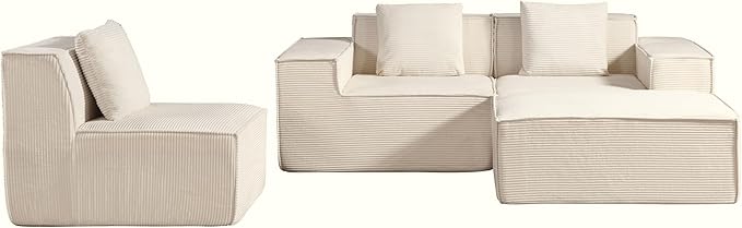 Rowan Convertible Corduroy Sectional Couch with Ottoman &amp Pillows Modular L Shaped Sleeper Sofa Boneless Cloud Couch for Living Room Furniture Beige
