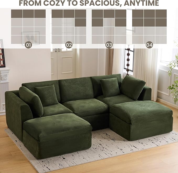 118 Fully Compressed Modular Sectional Sofa Cloud Sectional Couch U Shape with Ottoman No Assembly Boneless Sectional Sofa Deep Seat Convertible Modular Couch for Living Room (Green)