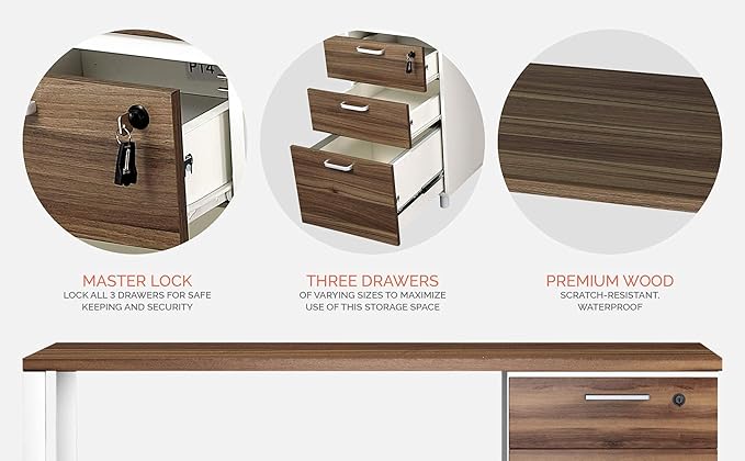 Modern Design Milano Office Desk with 3 Locking Drawers 48 Inch White and Walnut Industrial Wood Desk with Filing Drawer and Storage by Crafts and Comfort