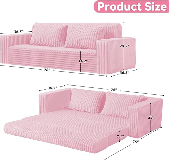 HABUTWAY Folding Sofa Bed 2 in 1 Convertible Sleeper Chair with 2 Pillows Portable Fold Out Chair Bed with Armrest Comfy Floor Couch Lazy Sofa for Living Room Bedroom Dorm Home Office Pink