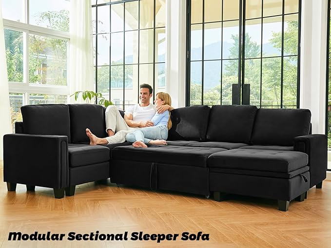 Belffin Pull Out Sofa Bed Module Part for Modular Sectional Sleeper Sofa Armless Loveseat with Pull Out Bed for Sectional Couch Black