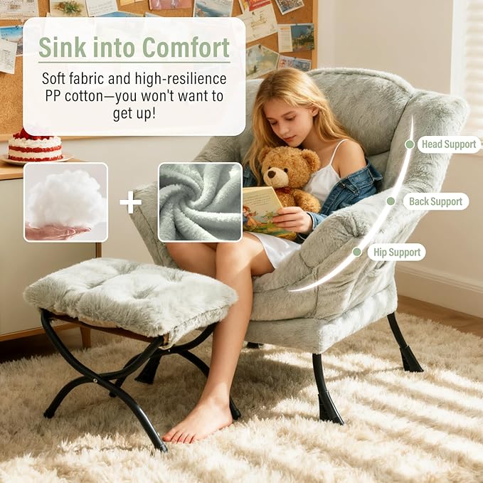 Lazy Chair with Ottoman Modern Accent Chair with Armrests and a Side Pocket Plush Green Accent Chairs Reading Chairs Oversized Armchairs for Bedroom Study Living Room Courtyard