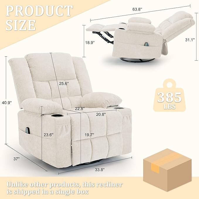 360° Swivel Rocker Recliner for Adults Nursery Glider Recliner with Massage and Heating Rocking Chair with Cup Holder Manual Recliner Chair for Living Room Bedroom (Fabric Beige)