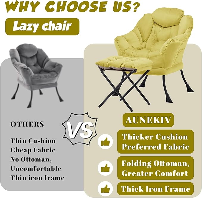 Lazy Chair with Ottoman Comfy Accent Lounge Chair with Side Pocket Modern Reading Armchair with Footrest Upholstered Sofa Chair for Small Spaces Bedroom Living Room Dorm Yellow