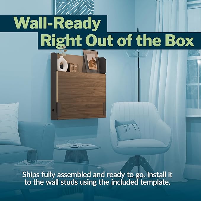 Vari Hide-Away Wall Mounted Floating Desk - 32” Foldable Murphy-Style Desk for Bedroom Dorm Apartment + Cable Ports Bungee Storage Shelf 100 Lb Capacity + Simple Assembly (Slate/Walnut)