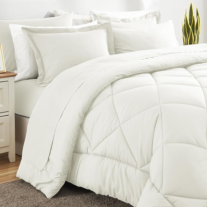 CozyLux King Size Comforter Set Ivory - 7 Pieces Bed in a Bag King Luxury Soft Bed Set for All Seasons Bedding Set with Down Alternative Comforter Sheets Pillowcases &amp Shams