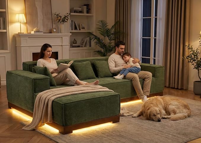 LIKIMIO 110” L-Shaped Sofa with LED Lights Cloud Boneless Couch with Oversized Chaise Deep Seat Built-in Holder &amp Storage Pocket Upholstered Couches for Living Room and Apartment Green