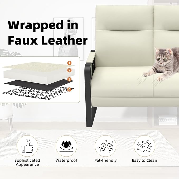 Modern Leather Loveseat Small Sofa with Side Tray &amp Pocket Upholstered Mini Couch for Living Room Office Guest Room Beige