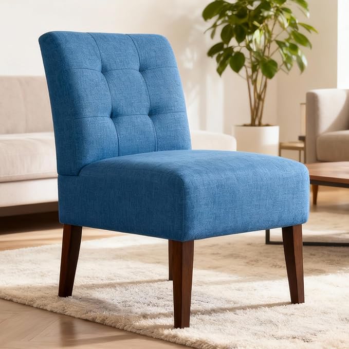 Anwick Blue Modern Accent Chair Mid Century Upholstered Living Room Chair with Wood Legs Comfy Small Accent Chair with Back for Small Spaces Office Bedroom Reading Spaces (Blue1)