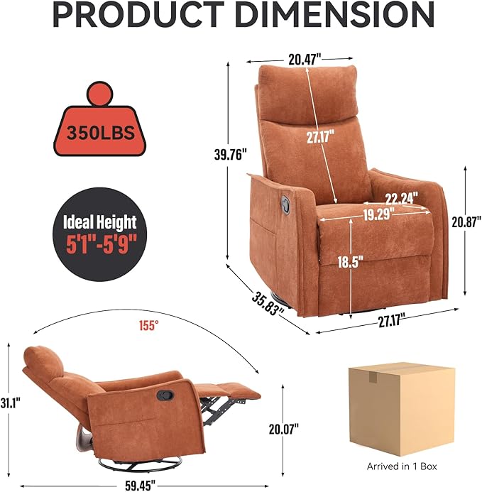 360°Swivel in Fabric Reclining ChairsHeat Massage Manual Recliner ChairSmall Recliners SpacesSingle Lazyboy Recliner Sofa for Living RoomRVBedroomOrange