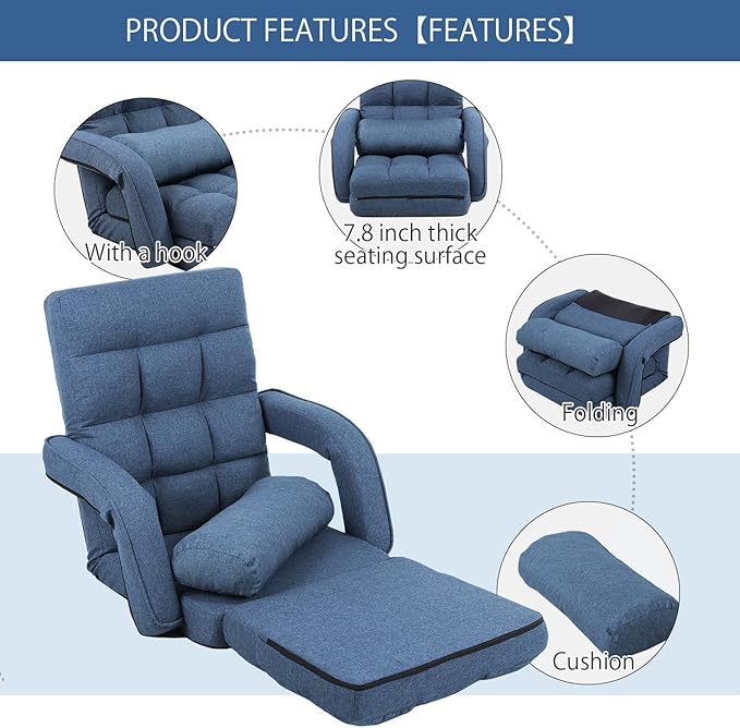 FLOGUOR 42-Position Adjustable Floor Chair Chaise Lounge Indoor Folding Lazy Sofa with Armrests and a Pillow Padded Adults Gaming Chairs for Living Room Bedroom Factory Price 8803XM (Blue)