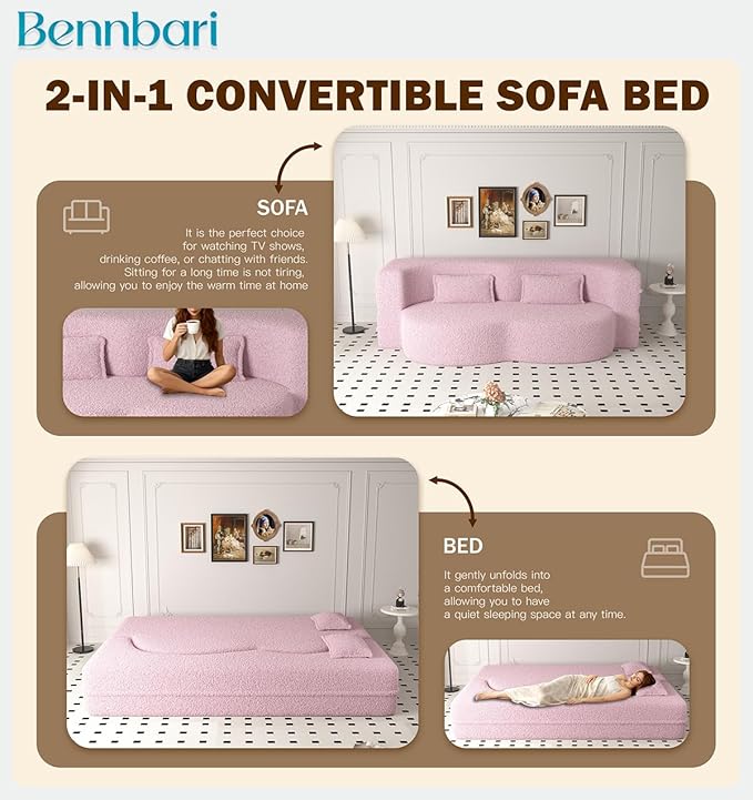 2 in 1 Convertible Sleeper Sofa Bed 15 Thick Twin Size Folding Floor Couch with 2 Pillows Teddy Fabric Foam-Filled Futon Loveseat for Living Room Guest Use Office &amp Apartment (Pink)