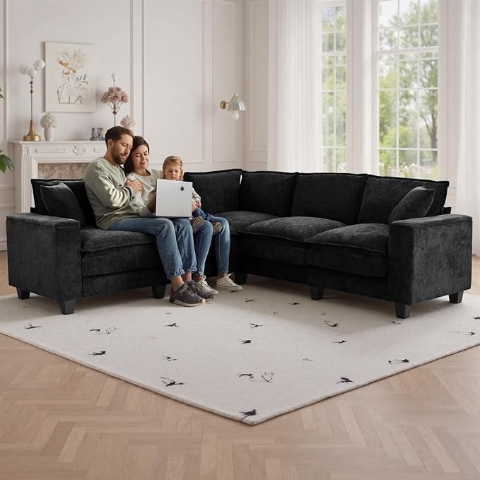 97 5 Seater L Shaped Couch Corner Sofa Oversized Cloud Couch with 2 Pillows Chenille Modular Sectional Sofa Armrests with Two Hidden Storage Space Sectional Couches for Living Room Black