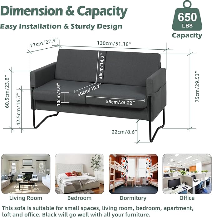 STHOUYN 51” Small Loveseat Sofa for Small Spaces Comfy Grey Couch with 2 USB Ports Modern 2 Person Sofa Loveseats for Living Room Bedroom Mini Teen Office Couch (Dark Grey)