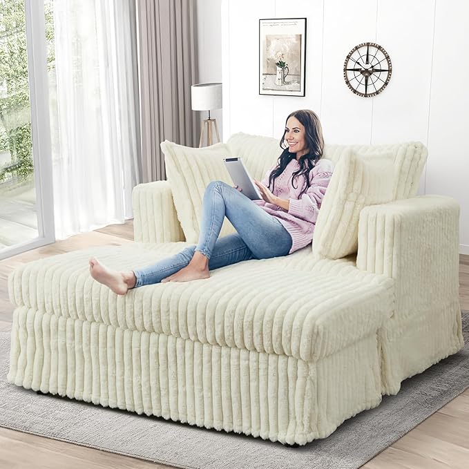 KINFFICT Oversized Chaise Longue IndoorComfy Upholstered Tufted Corduroy Single Sofa Couch Leisure Chair with 3 PillowDeep Seat Reclining Sleeper Sofa Chair for Living RoomBedroomOffice (Beige)