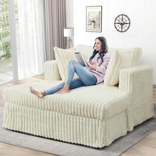 KINFFICT Oversized Chaise Longue IndoorComfy Upholstered Tufted Corduroy Single Sofa Couch Leisure Chair with 3 PillowDeep Seat Reclining Sleeper Sofa Chair for Living RoomBedroomOffice (Beige)