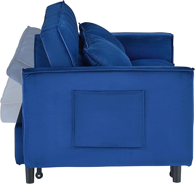 3 in 1 Convertible Sofa BedModern Velvet Loveseat Sleeper Sofa Bed with Adjustable Backrest Storage Pockets and PillowsSuitable for Living RoomGuest RoomBlue