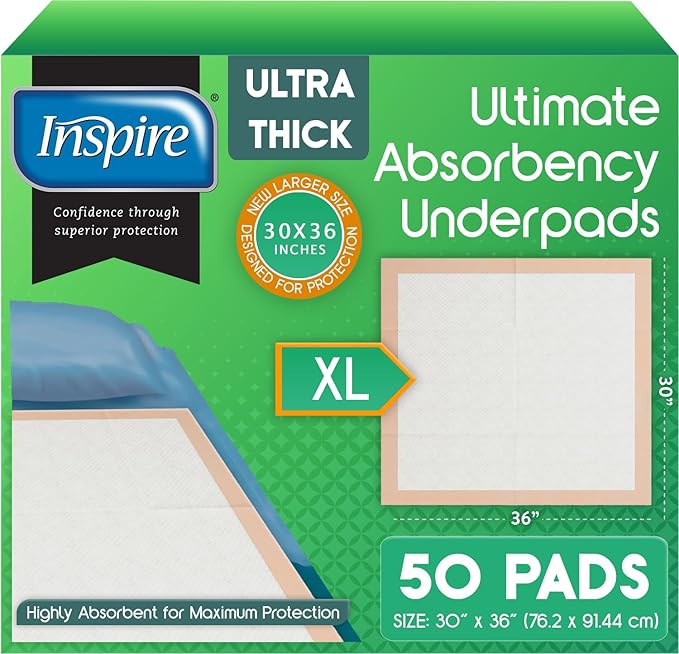 Inspire Extra Large Super Absorbent Disposable Bed Pads for Chronic Incontinence Ultra Thick and Absorbent Bed Pads Disposable Adult | Pee Pads for Adults (30 X 36 Pack of 50)