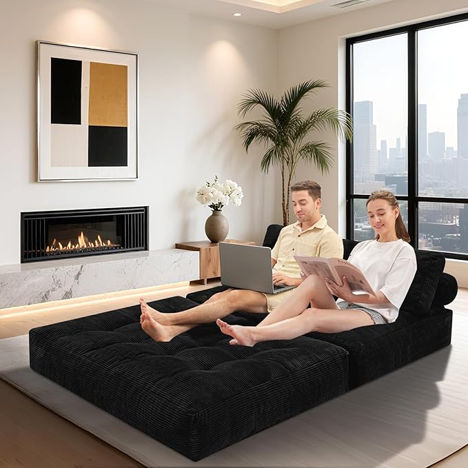 HABUTWAY Folding Sofa Bed Foldable Floor Sofa Lounge w/Dual-Pillow &amp Handle Convertible Sleeper Chair Bed w/Back Support for Living Room Bedroom Apartment Office Black Full