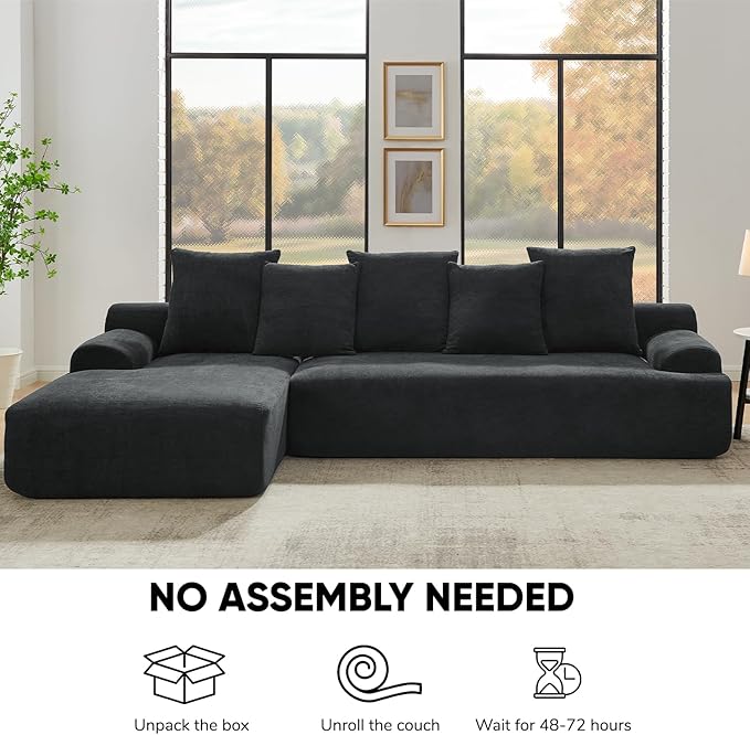 JOYBASE 110 Modular Sectional L-Shaped Cloud Couch Minimalist 4 Seat Couch with Deep Seat Left Facing Chaise for Living Room Office No Assembly Required (Black)