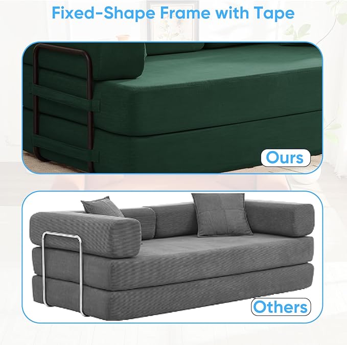 Mjkone 78.7 W Convertible Folding Mattress Couch with Armrest Corduroy Floor Sofa Bed with Metal Fixed-Shape Frame 5-in-1 DIY Futon Lazy Sofa Cama Lounge Couch for Living Room Bedroom Studio Green