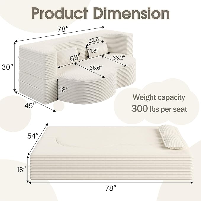 78 Convertible Sofa Bed 2-in-1 Folding Floor Couch with 2 Pillows Sleeper Sofa for Living Room and Bedroom No Assembly Required (Beige Corduroy Fabric)