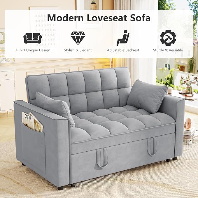 Hommoo 53 Sleeper Sofa Bed Pull Out Couch Convertible 3 in 1 Futon Lounge Sofa Small Love Seat for Living Room Apartment Comfy Velvet Reclining Back with Pillows and Pockets Light Grey