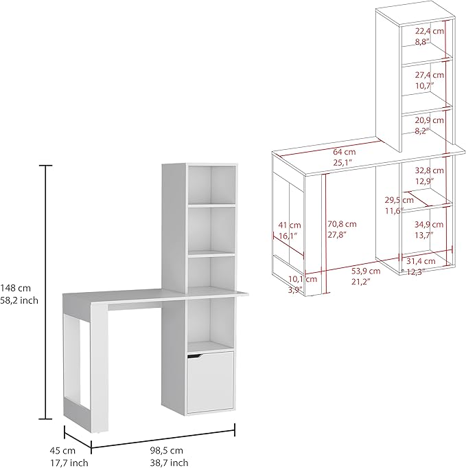 Iowa Computer Desk with 4-Tier Bookshelf - Spacious White Home Office Desk with Storage Cabinet