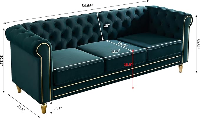 Homtique 84 Modern Green Velvet Chesterfield Sofa 3-Seater Button Tufted Rolled Arms Gold Legs