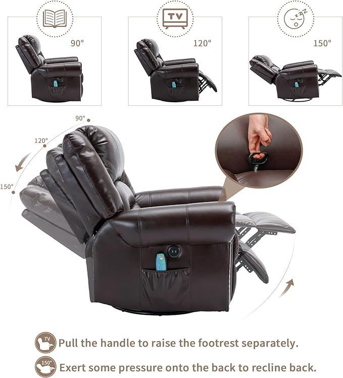 Manual Massage Swivel Rocker Recliner with Heat and Vibration 360° Swivel Glider Rocking Recliner Chair Classic Living Room Lounge Recliners with Side Pockets &amp USB Ports Brown
