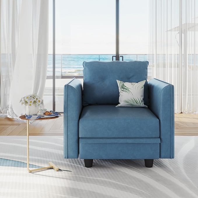 LLappuil Modern Faux Leather Fabric Modular Sectional Armchair with Storage Seat Club Chair Arm Accent Chair for Apartment Bedroom Navy Blue