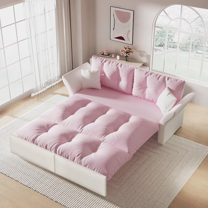 3-in-1 Folding Convertible Sleeper Tufted Sofas Pull Out Sofa Bed with 2 Soft Pillows Multi-Functional Velvet Loveseat Bed Pink