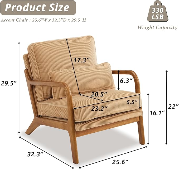 Karl home Mid-Century Modern Accent Chair Living Room Chairs with Pillow Upholstered Lounge Armchair with Solid Wood Frame &amp Soft Cushion for Bedroom Reading Room Corduroy Khaki (Low Back)