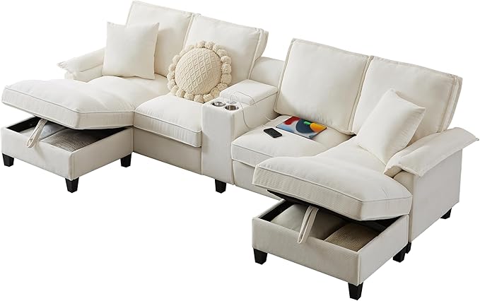 Ball &amp Cast 120 U-Shaped Sectional Couch with 2 Storage Chaise Footrest &amp 2 Throw Pillows4 Seat Corduroy Upholstered Modular Sofa W/2 Cup HoldersUSB Ports &amp Hidden Storage Box for Livin