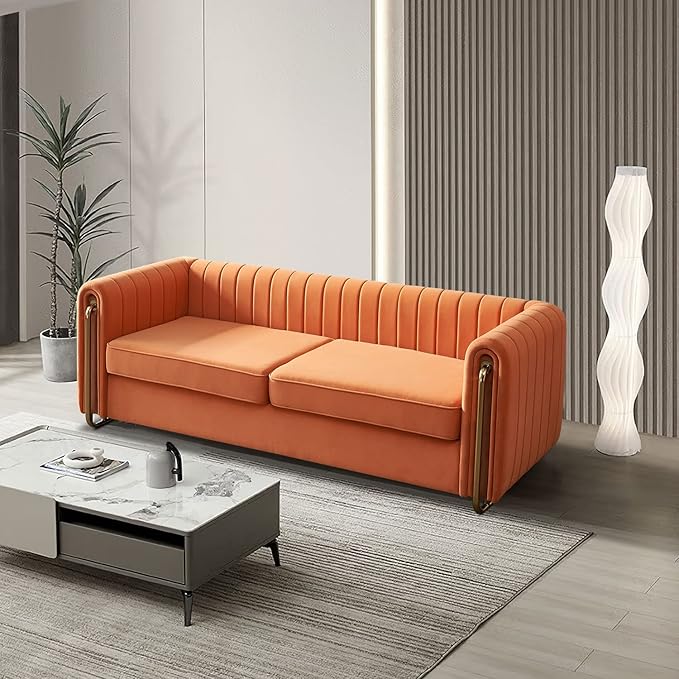 kevinplus 84.2'' Velvet Chesterfield Sofa Couch for Living Room Modern Luxury 3-Seat Upholstered Sofa Couch for Apartment Bedroom Dorm Office Strong Gold Metal Legs (Channel Backrest Orange)