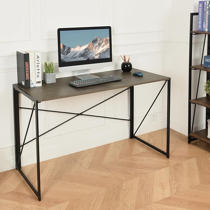 Industrial Computer Desk Modern Writing Table Melamine Top with Black Metal Frame Folding Design 47.2x19.7x28.3 Inch Home Office Study