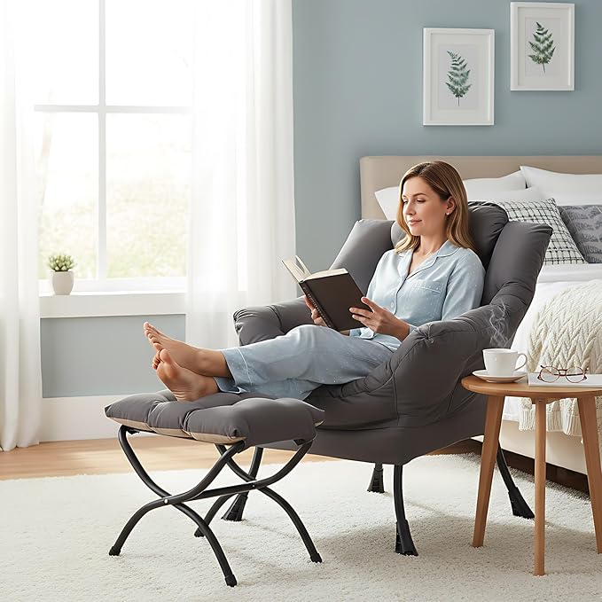 Lazy Chair with Ottoman Modern Accent Lounge Armchair with Armrests and a Side Pocket &amp Foldable Footstool Leisure Reading Chair for Living Room Bedroom Dorm &amp Office Dark Grey