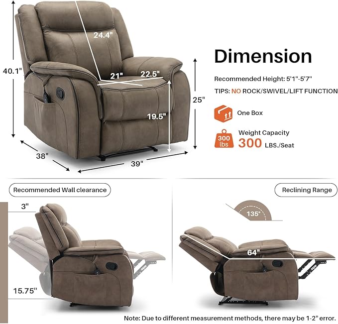 Massage Recliner Chair with Heat Faux Leather Recliner Chairs for Adults 39 Wide Manual Reclining Ergonomic Lounge Chair Overstuffed Wall Hugger Recliners for Living Room Nut Brown