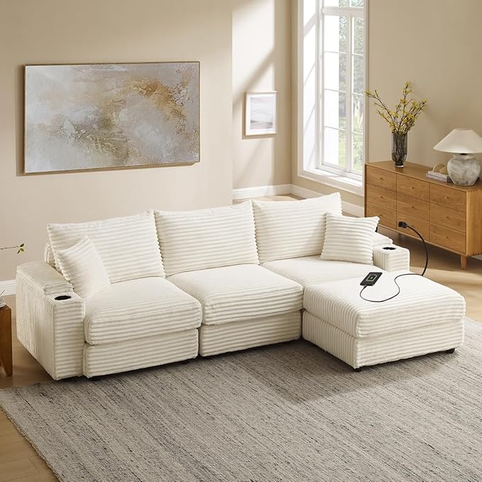 Cloud Sectional Couch L-Shaped Modular Sectional Sofa with Ottoman for Living Room Plush Corduroy Comfy Upholstered Couches with Charging Station Cup Holders &amp Armrest Storage