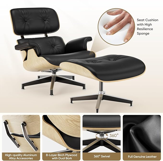 Top Black Grain Leather Mid Century Chaise Lounge Chair and Ottoman Modern Chair Classic Design Ash Wood Heavy Duty Base Support for Living Room Office