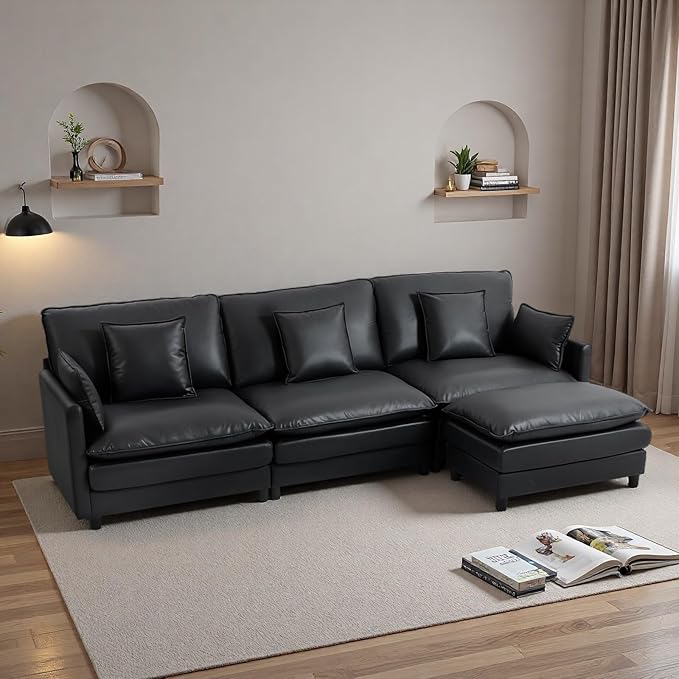 L Shaped Cloud Sofa 4-Seater Modular Couch with Double Layer Upholstered Seat Cushion PU Sleeper Sofa with Ottoman &amp Pillows Comfort Couches for Living Room Bedrooms &amp Apartments Black