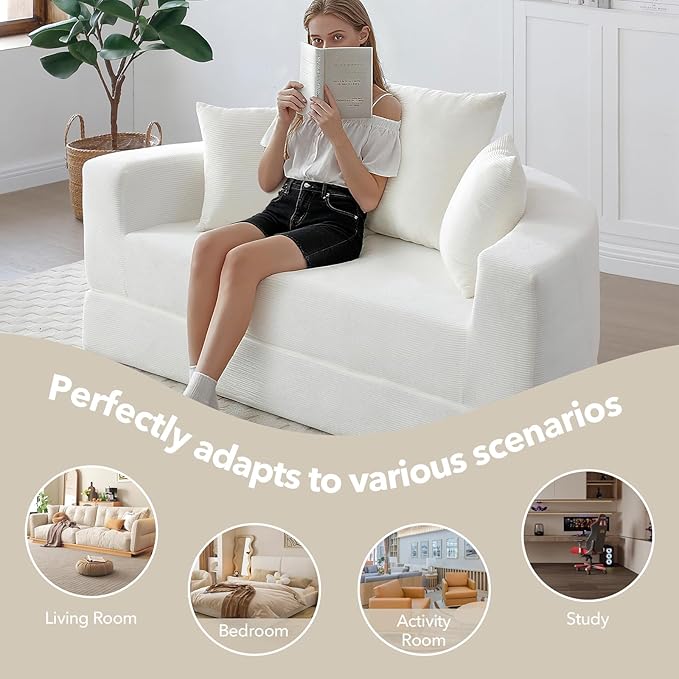 Round Boneless Couch Corduroy Upholstered Folding Convertible Sofa Bed with Pillows 2-in-1 Futon Sofa Bed with Half-Circle Design Comfy Loveseat for Living Room Apartment (Beige)