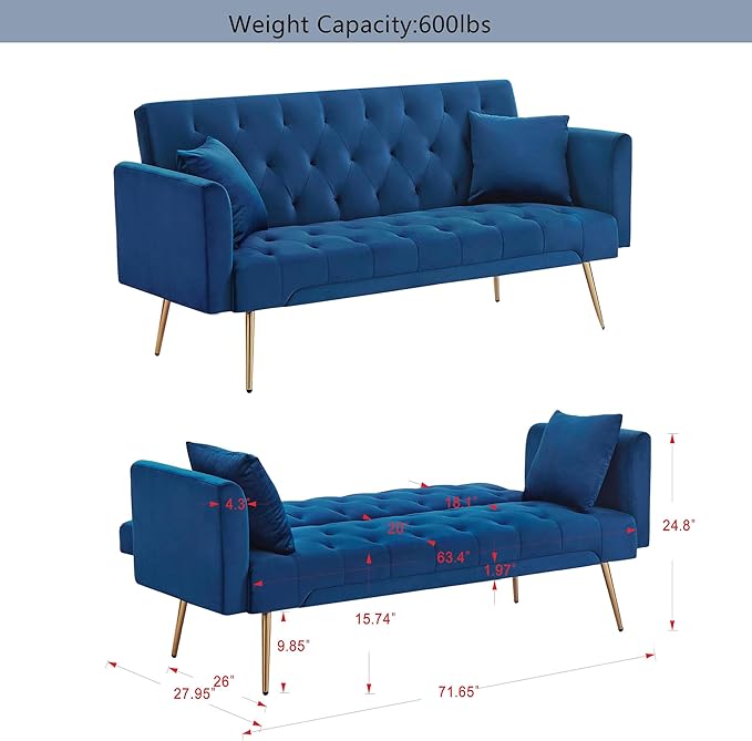 Anwick Modern Velvet Sofa Bed Futon with 2 Pillows2-in 1 Convertible Sleeper Couch BedFolding Recliner Loveseat with Golden Metal Legs for Living Room Apartment Office (Blue)