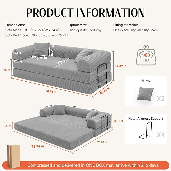 79 Corduroy Sofa Bed Boneless Couch in a Box with 2 Pillows High-Density Foam 4-in-1 Foldable Sleeper Futon Loveseat for Small Spaces No Assembly Side Pockets Light Grey